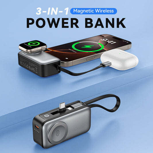 🔋  3-in-1 Magnetic Power Bank – Wireless Charging, Built-in Cables & Compact Design ✈️