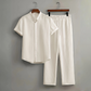 📢📢40% OFF !! ⏰ Men's Textured 2-Piece Shirt & Pants Set – Breathable, Stand Collar, Elastic Waist 🌿