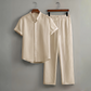 📢📢40% OFF !! ⏰ Men's Textured 2-Piece Shirt & Pants Set – Breathable, Stand Collar, Elastic Waist 🌿