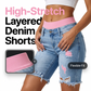 🩳 LIMITED-TIME 50% OFF! 💥 Women's Distressed Denim Shorts with Colorful Leggings Set – High-Stretch, Layered, High-Waist ✨