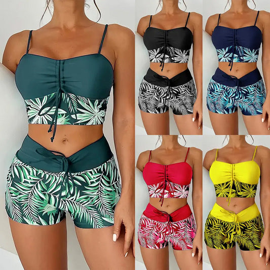 📢 LIMITED TIME 50% OFF! 👙 Women's Printed Two-Piece Swimsuit – High Waist Design, Boxer Style Bottoms & Lace-Up Detail ⏰✨