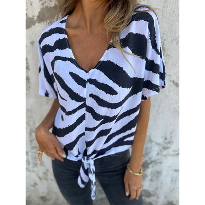 👚 2026 Sale — Over 44,000 Sold! ✨ Women's V‑Neck Tie‑Front Zebra Print T‑Shirt
