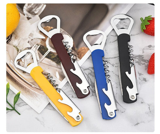 Portable 3‑in‑1 Wine Key, Wine & Beer Corkscrew Opener with Folding Knife