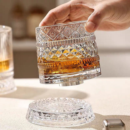 🥃360° Rotating Whiskey Glass Tumbler – Smooth Swivel Base, Crystal Clear Glass, Heavy Bottom for Balanced Sipping ✨