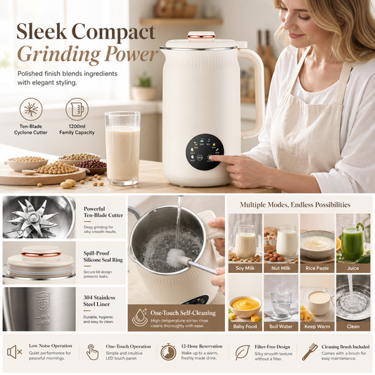 🌿 Automatic Soy Milk Maker & Blender – 1500ml, Filter-Free, 10 Blades & 304 Stainless Steel – Multi-Functional for 4-5 People ⚡