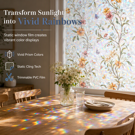 📢📢50% OFF !! ⏰ Rainbow Window Film Static Cling Decorative Glass Sticker with Colorful Flower Design for Home Window Decoration